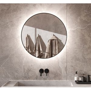 Ronde badkamerspiegel met indirecte verlichting, verwarming, instelbare lichtkleur, dimfunctie en mat zwart frame 70x70 cm