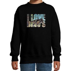 Tekst sweater I love dinosaurs met dieren foto van een dino zwart voor kinderen - cadeau trui T-Rex dinosauriers liefhebber - kinderkleding / kleding 98/104