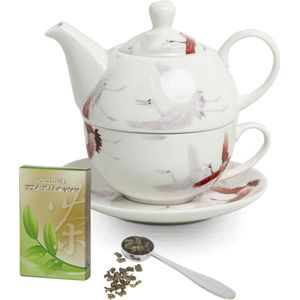 Tea for one cadeau voor vrouw, thee set bestaande uit kraanvogel theepotje, theepot kop en schotel 150 gram thee plus maatlepel.