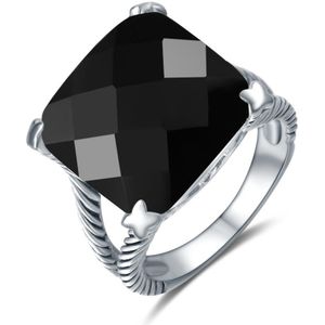 Quiges - Ring Klassiek in Vintage Stijl Solitair met Zirkonia Kristal Zwart Vierkant - 925 Zilver - QSR06318