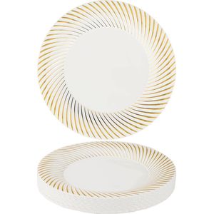 MATANA 20 Witte Plastic Borden met Gouden Rand (26cm), Feestbordjes voor Bruiloften, Verjaardagen, Dopen, Kerstmis & Feesten - Stevig en Herbruikbaar