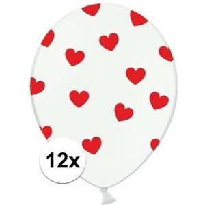 Witte ballonnen met hartjes rood 12 stuks