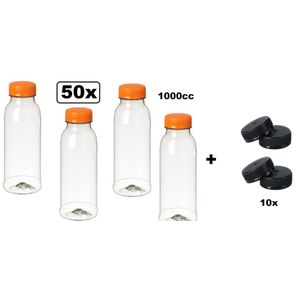 50x Flesje PET helder 1000cc met oranje dop + 10 zwarte doppen - drink fles vruchten sap limonade drank