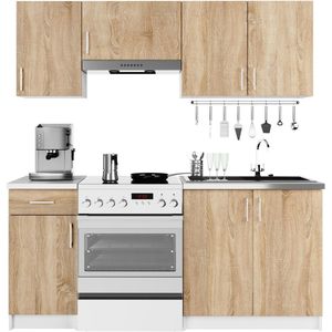 Complete Keuken, Keukenmeubelset LIMA 180 cm breed / Keukeneenheid zonder apparatuur / Wit – Sonoma Eik / 180 x 203 x 44,5 cm