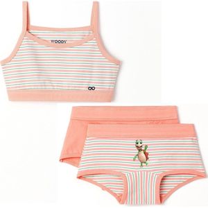 Woody ondergoed set meisjes - schildpad - streep - roze - 1 topje en 2 boxers - maat 164