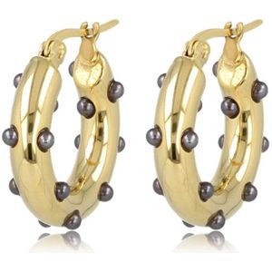 My Bendel Oorring goudkleurig met zwarte parels - Goudkleurige gladde oorring met zwarte parels - Met luxe cadeauverpakking