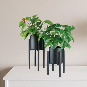 Bloemenstandaard metaal zwart - set van 2 bloempotten met poten en plantenpot, H 23 en 33 / B 12 cm als plantenstandaard voor binnen en buiten, bloemenkruk of kruidenpot