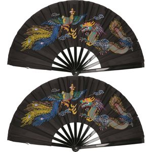 2x stuks handwaaiers/Tai Chi waaiers Kung Fu zwart - polyester - Verkoeling in de zomer