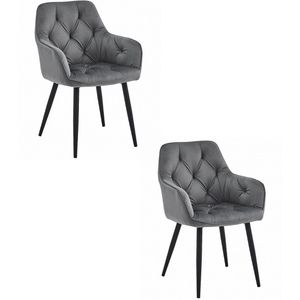 Set van 2 - Stoel JORK - Donkergrijs Velvet - Zwarte Metaalpoten - Luxe Eetkamerstoel - Fauteuil - Met Armleuning - Modern Design - Elegant en Comfortabel voor Woonkamer, Keuken of Eetkamer - Max. 110 kg