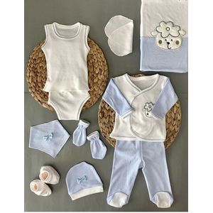 10 delige new born set met deken -luxe geschenkdoos -100% katoen-anti allergisch-blauwe kleur - schapenmotief- babyshower- kraam cadeau -new born -boy- 0 tem 4 maanden