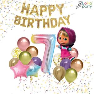 LoHa party® Masha en de beer Thema Folie ballonnen set-XXL folie ballon cijfer 7-ster folie ballon-roze-kleurijke-regenboog-Helium ballonnen-Slinger-Verjaardag versiering-feestpakket-Verjaardag decotatie-Regenboog ballonnen-40inch