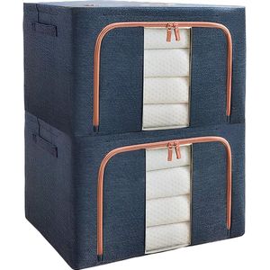 Starre opvouwbare kledingopslag met ritssluiting, metalen frame, 2 stuks, 66 l, stapelbare kledingdozen, opbergtas voor kleding, beddengoed, dekens, dekbedden (50 x 40 x 33 cm) (marineblauw)