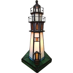 HAES DECO - Tiffany Tafellamp Vuurtoren 11x11x25 cm Bruin Beige Glas Tiffany Bureaulamp Tiffany Lampen Glas in Lood