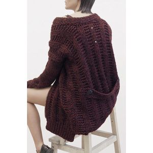 YELIZ YAKAR - Luxe Hand Gebreid Lang Vest Dames “Alkaia” met een dubbele rits sluiting- rood bordeaux- wol/acryl - maat M/L- design kleding - kerst - luxecadeau - kerstcadeau voor vrouwen