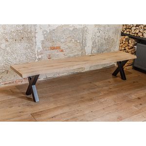 Bankje Eettafel Eiken Hout 200x40-45 – Stalen X Bankpoten - Eetkamerbank – Keukenbank – Boomstam Bank