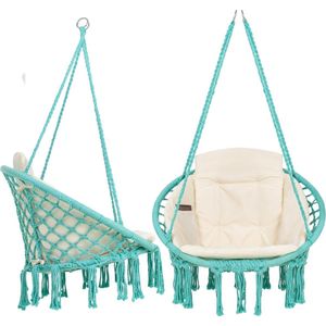 Macramé hangstoel voor binnen, comfortabele boho-hangstoel voor tuin en balkon, hangschommel met zacht kussen, hangstoel, outdoor, met weerbestendige afdekking, turquoise