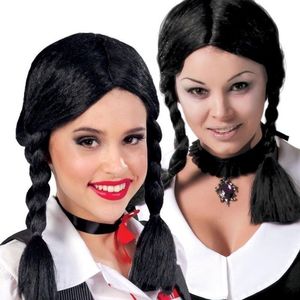 Halloween - Zwarte verkleed pruik met vlechten voor meisjes - Halloween/horror verkleedaccessoires