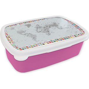 Broodtrommel Roze - Lunchbox - Brooddoos - Wereldkaart - Vlag - Zwart - Wit - 18x12x6 cm - Kinderen - Meisje