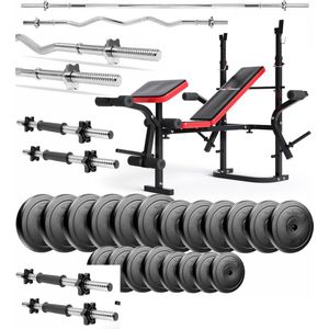 Halterbank inc. 105 kg GEWICHTEN - Sportbank - Fitnessbank + halterschijven + 2 halterstangen + 4 dumbbell stangen - multifunctioneel - volledig instelbaar – Opklapbaar