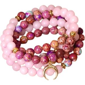 Mala Rozenkwarts Jaspis Halve Maan| Paars Roze | Ketting | 108 kralen| Edelsteen | Meditatie Yoga | Sparkolia