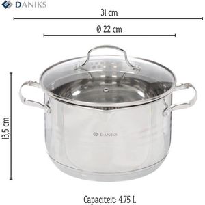 Kookpan Roestvrij Staal - Glazen Deksel - Interne Maataanduiding - Inductie (4.75L Ø 22 cm)