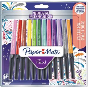 Paper Mate Flair metalen viltstiften | glitterende inkt schijnt op wit papier | diverse kleuren | medium punt (0,7 mm) | 12 stuks