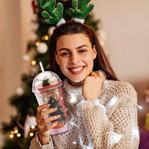 Kerstdrinkbeker, 500 ml, Santa's Christmas Tree Straw Cup drinkbeker met deksel en rietje, herbruikbare Boba-mok voor koude dranken, feestbeker, kerstbeker