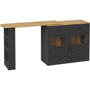 Uitschuifbare bartafel met opbergruimte (138-204×39×104cm), 360° draaibare eettafel, moderne verrijdbare bartafel, hoge tafel keukeneiland bistrotafel, dressoirkast met planken, zwart