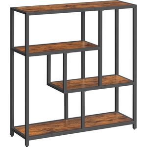 Vintage boekenkast in bruin-inktzwart - 4 planken - houten spaanplaat - stalen frame - 30 cm x 100 cm x 103 cm - elegant ontwerp