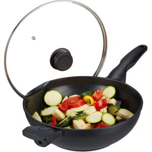 Relaxdays wokpan inductie - wok met deksel - wajan met grepen - aluminium wadjan - zwart
