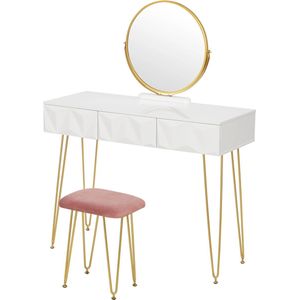 Make-up Tafel - Kaptafel - Dressoir - Luxe Kaptafel - Moderne look - Wit Roze Goud - Met krukje - Incl. Spiegel