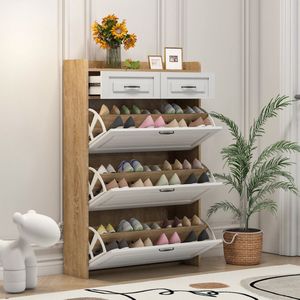 Sweiko Schoenenkast - Opklapbare lade - 3 grote schotten 2 laden - Houten schoenenrek - 80*23.5*125 cm - Wit + natuurlijke