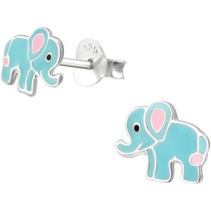 Joy|S - Zilveren olifant oorbellen - blauw roze - 8 x 7 mm - oorknoppen voor kinderen