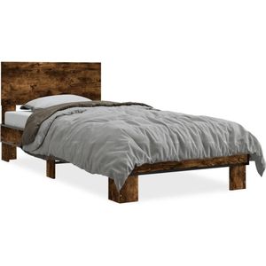 vidaXL - Bedframe - bewerkt - hout - en - metaal - gerookt - eikenkleurig - 100x200 - cm