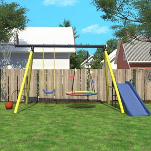 Kinderschommelset met metalen frame, nestboomschommel, enkele kunststof schommel, basketbal, basketbalstandaard, glijbaan, basketbalring voor kinderen van 3 tot 8 jaar, geel.