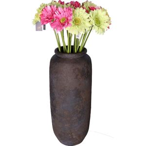 Kunstbloemen boeket Gerbera - 8x - 72 cm - lichtgroen/fuchsia - real touch - kunst zijdebloem