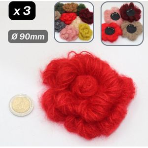 3 WOLLEN BLOEMEN BROCHEN, op Speld, Diameter 90MM, Kleur ROOD