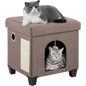 JK24 - Kattenmand - Kattenhol - Opvouwbare kattengrot voor katten binnen multifunctioneel kubuskattenhuis met kattenkrabplank en bal 37x 318 x 36 cm bruin