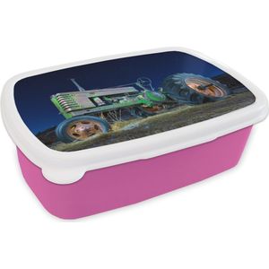 Broodtrommel Roze - Lunchbox - Brooddoos - Trekker - Groen - Sterrenhemel - Boerderij - Nacht - 18x12x6 cm - Kinderen - Meisje