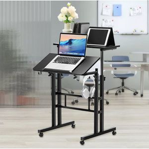 Vevor Laptoptafel - 3 Delig Blad - In Hoogte Verstelbaar - Met PC Basis - Kantelbaar Blad - Op wieltjes - Zwart