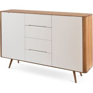 Gazzda Ena Dresser 180 Naturel - Dressoir - Massief Eiken - Hout - met 4 Lades - 2 Deurs - Ladekast - Opbergkast - Scandinavisch - Witte Frontjes - 180 cm Breed
