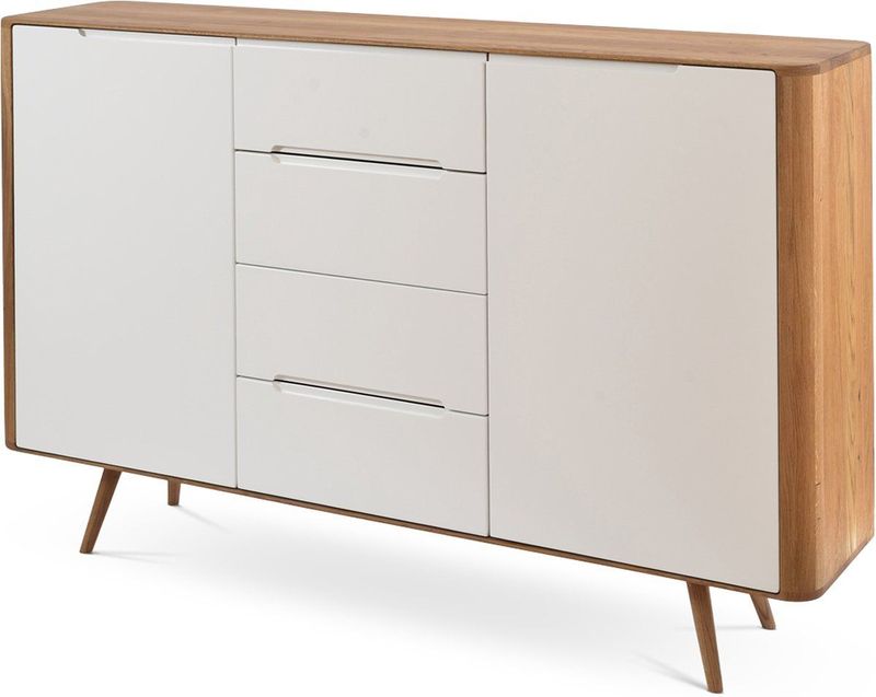Gazzda Ena Dresser 180 Naturel - Dressoir - Massief Eiken - Hout - met 4 Lades - 2 Deurs - Ladekast - Opbergkast - Scandinavisch - Witte Frontjes - 180 cm Breed