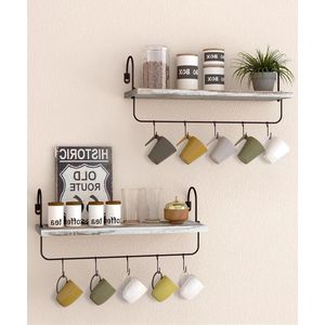 Houten wandplank koffiebar keukenplank - set van 2 - zwevende planken met handdoekhouder haken - rustiek vintage industrieel design - decoratieve hangplanken voor badkamer en keuken