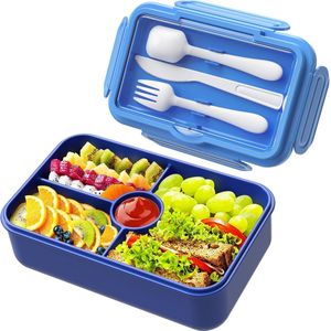 Lunchbox voor kinderen, 1100 ml, broodtrommel voor kinderen, met vakken, grote bento box, snackbox voor kleuterscholen, school, blauw
