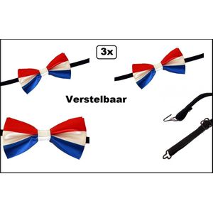 3x Luxe Vlinderstrik rood/wit/blauw - verstelbaar - Holland Nederland thema feest vlinder strikje festival