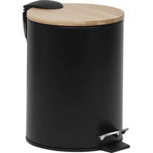 Stijlvolle Design Prullenbak met Bamboe deksel – Zwart/Bamboe – Klein formaat – 2.5L – Badkamer – Toilet – Keuken – Kantoor – Prullenbak 17x20x23cm – Soft Close
