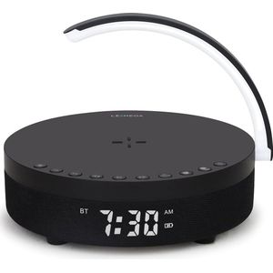 Digitale wekker met draadloze oplader en Bluetooth-luidspreker - USB-oplader en nachtlampje - dimbaar LED-display en batterij-back-up (zwart)