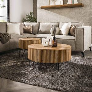 Salontafel Rond 80cm - Naturel Mangohout - Set Van 2 - Wave - Giga Meubel