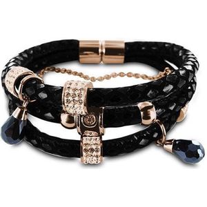 New Bling 980101438 - Leren armband - Stalen elementen en bedels - Zwart/Ros�kleurig