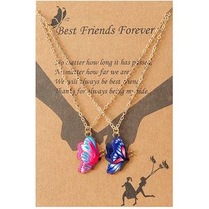 BFF Ketting voor 2 met Blauwe & Roze Vlinders - Goudkleurig - Vriendschapsketting met Cadeau kaartje - Pax Amare